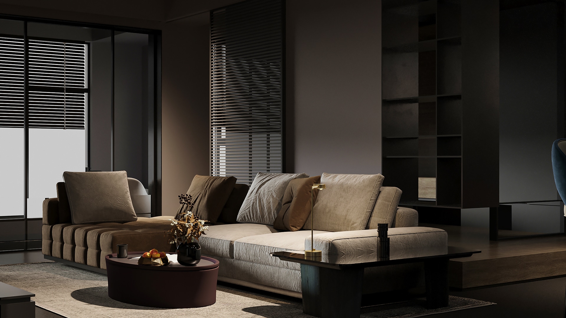 A stylish bedroom with a generous bed and a functional desk, blending comfort and modern design elements seamlessly.