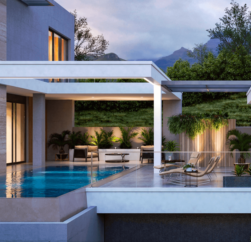 A stylish bedroom with a generous bed and a functional desk, blending comfort and modern design elements seamlessly.